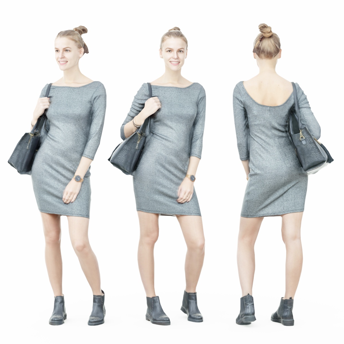 Girl in Grey Dress with Handbag on Shoulder
