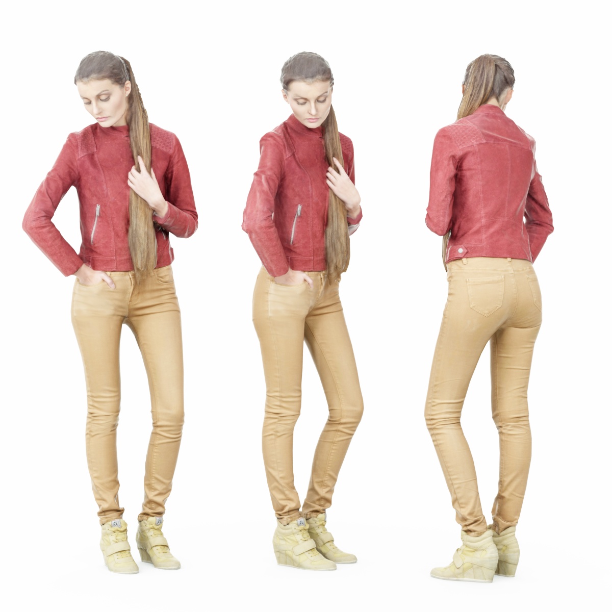 Girl in Red Leather Jacket and Brown Pants